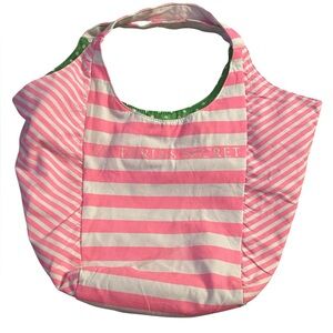 Victoria's Secret Reversible Canvas Getaway Beach Bag Tote Lemon Pink Stripe